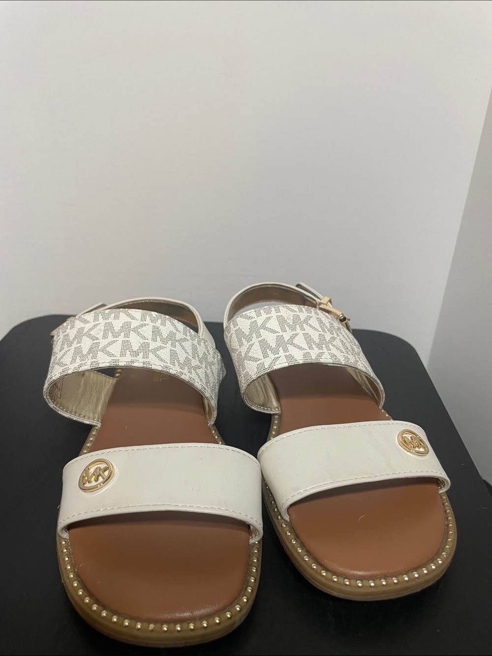 Michael Kors White and Brown MK Logo Dual-Strap Slide Sandals